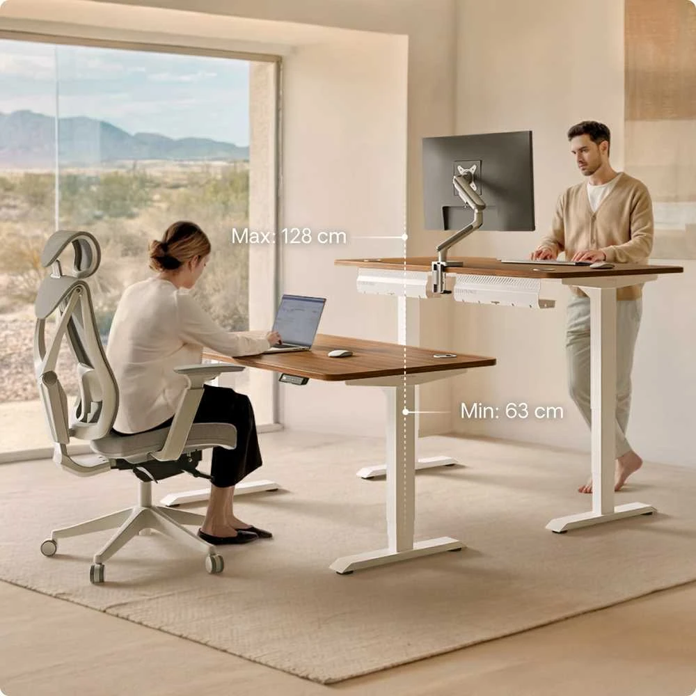 Elektrinis reguliuojamo aukščio stalas Desktronic HomePro Baltas/Riešutmedis, 120x60cm, Dvigubas motoras, USB ir USB-C įkrovimo lizdai