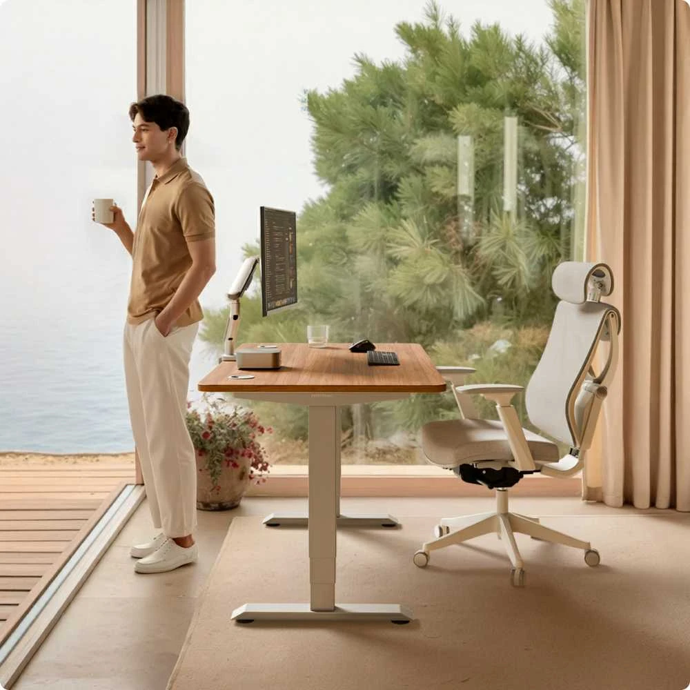 Elektrinis reguliuojamo aukščio stalas Desktronic HomePro Pilkas/Riešutmedis, 200x80cm, Dvigubas motoras, USB ir USB-C įkrovimo lizdai