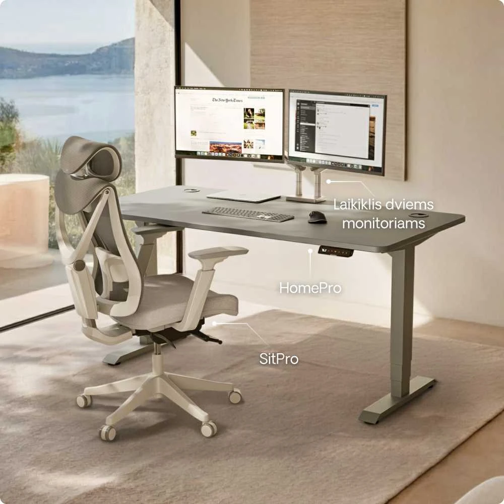 Elektrinis reguliuojamo aukščio stalas Desktronic HomePro Pilkas/Pilkas, 200x80cm, Dvigubas motoras, USB ir USB-C įkrovimo lizdai
