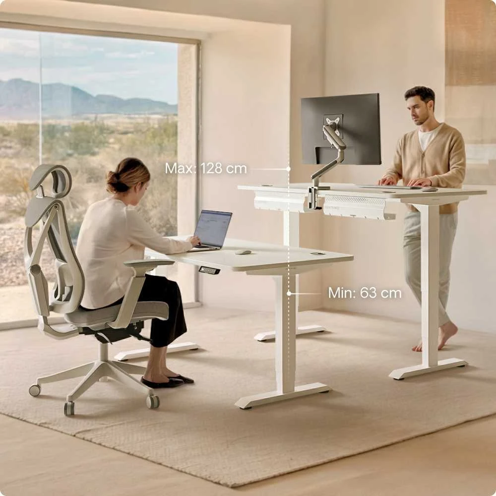 Elektrinis reguliuojamo aukščio stalas Desktronic HomePro Baltas/Baltas, 120x60cm, Dvigubas motoras, USB ir USB-C įkrovimo lizdai