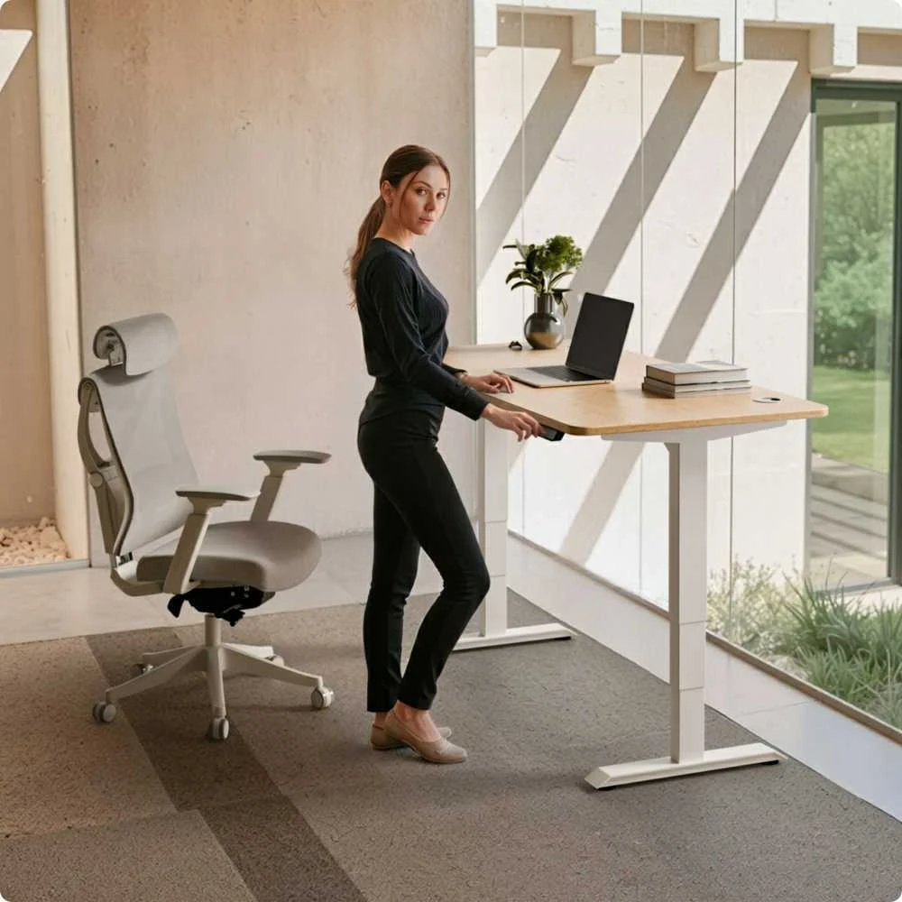 Elektrinis reguliuojamo aukščio stalas Desktronic HomePro Bambukas/Baltas, 180x80cm, Dvigubas motoras, USB ir USB-C įkrovimo lizdai