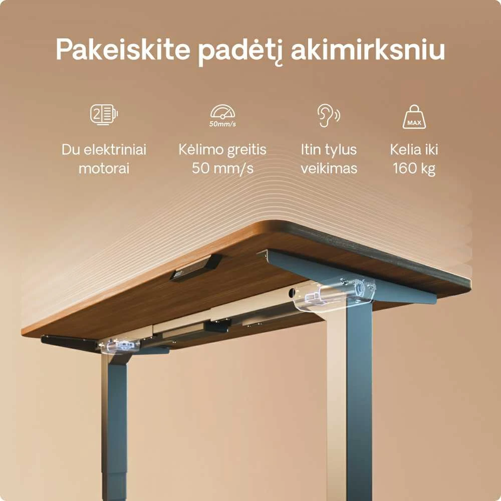 Elektrinis reguliuojamo aukščio stalas Desktronic HomePro Pilkas/Riešutmedis, 200x80cm, Dvigubas motoras, USB ir USB-C įkrovimo lizdai