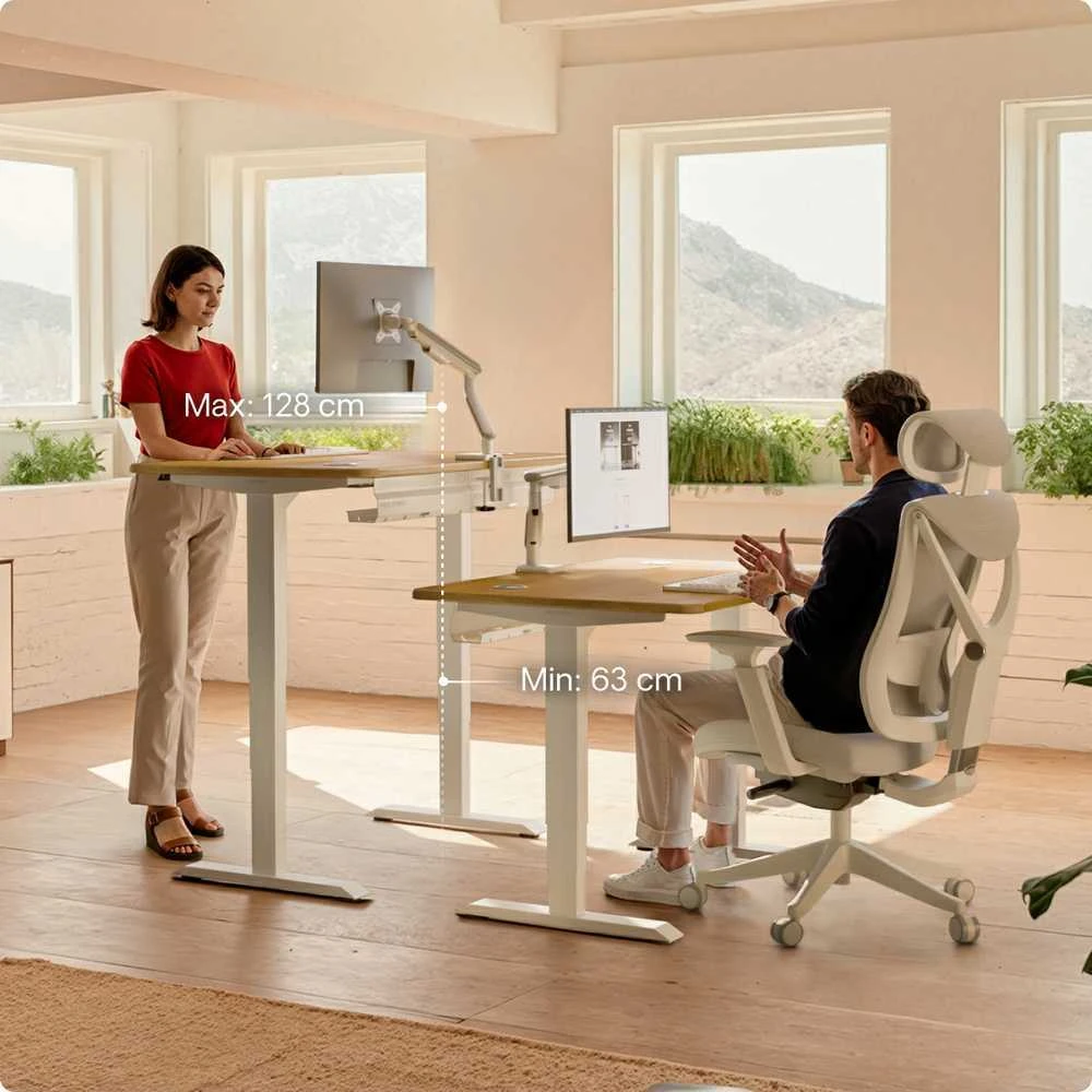 Elektrinis reguliuojamo aukščio stalas Desktronic HomePro Ąžuolo masyvas/Baltas, 200x80cm, Dvigubas motoras, USB ir USB-C įkrovimo lizdai