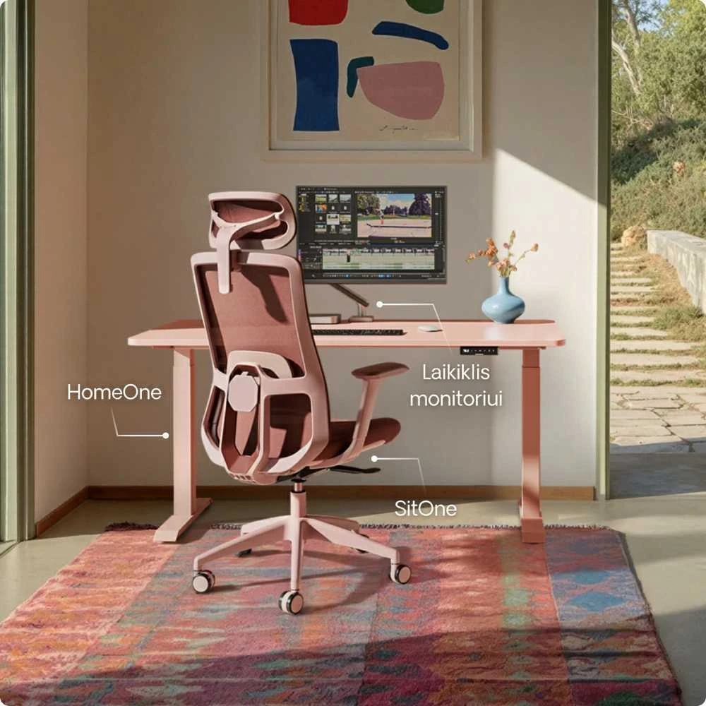 Elektrinis reguliuojamo aukščio stalas Desktronic HomeOne Rožinis/Baltas, 120x60cm, Dvigubas motoras, USB ir USB-C įkrovimo lizdai