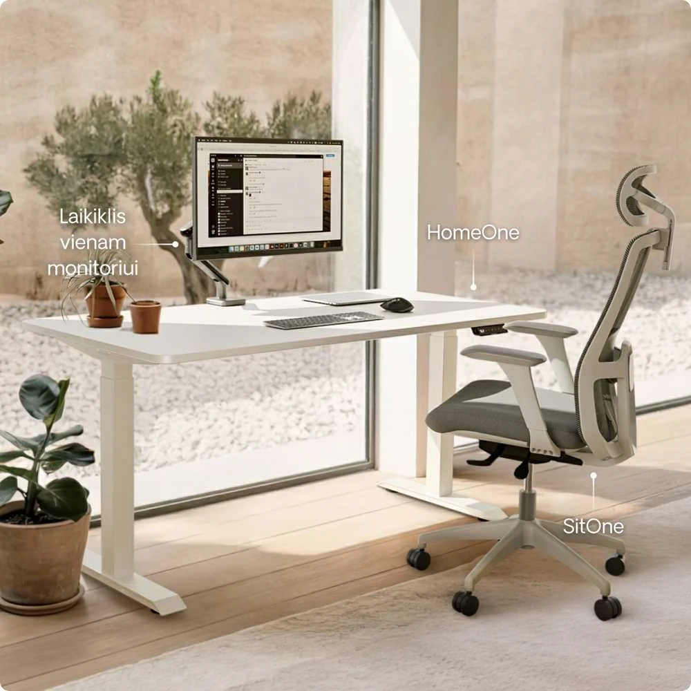 Elektrinis reguliuojamo aukščio stalas Desktronic HomeOne Baltas/Baltas, 140x70cm, Dvigubas motoras, USB ir USB-C įkrovimo lizdai