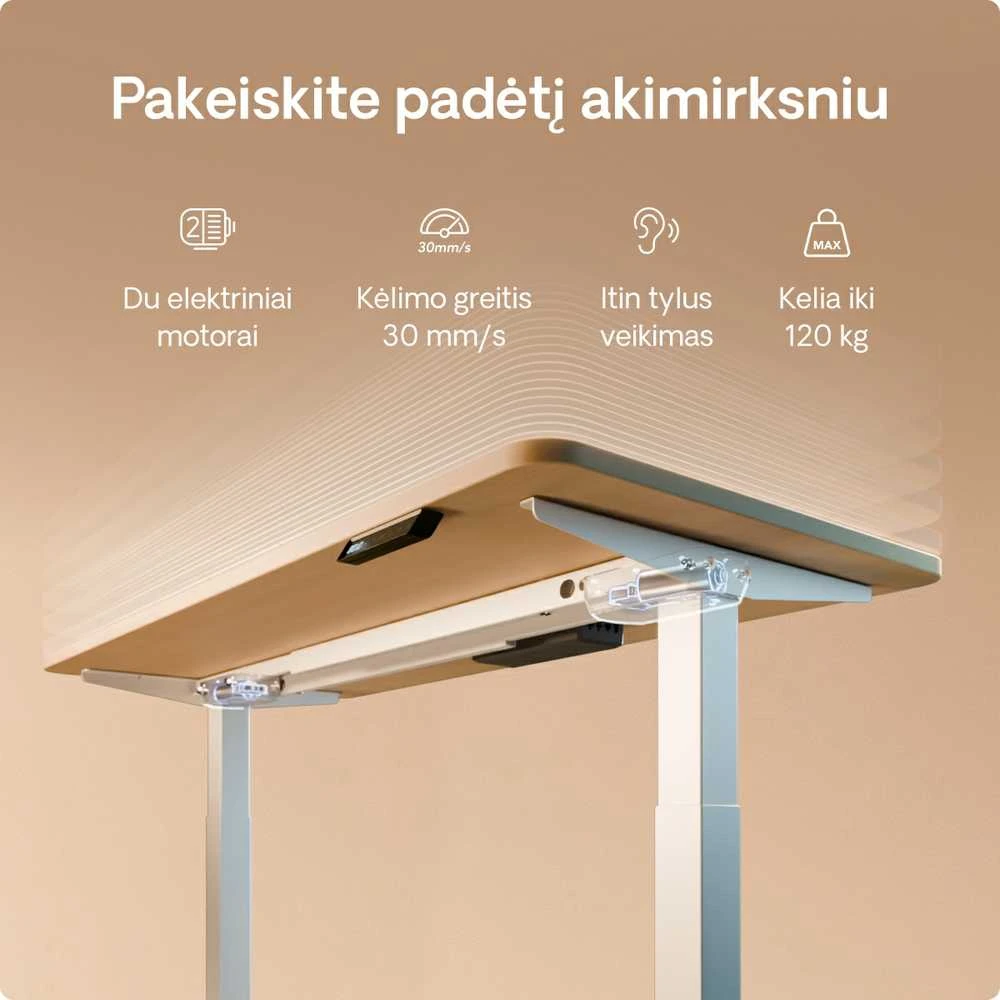 Elektrinis reguliuojamo aukščio stalas Desktronic HomeOne Baltas/Ąžuolas, 160x80cm, Dvigubas motoras, USB ir USB-C įkrovimo lizdai