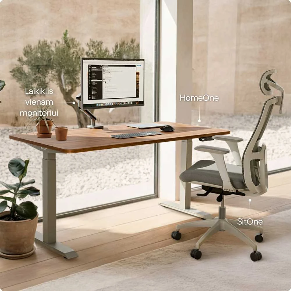 Elektrinis reguliuojamo aukščio stalas Desktronic HomeOne Pilkas/Riešutmedis, 140x70cm, Dvigubas motoras, USB ir USB-C įkrovimo lizdai
