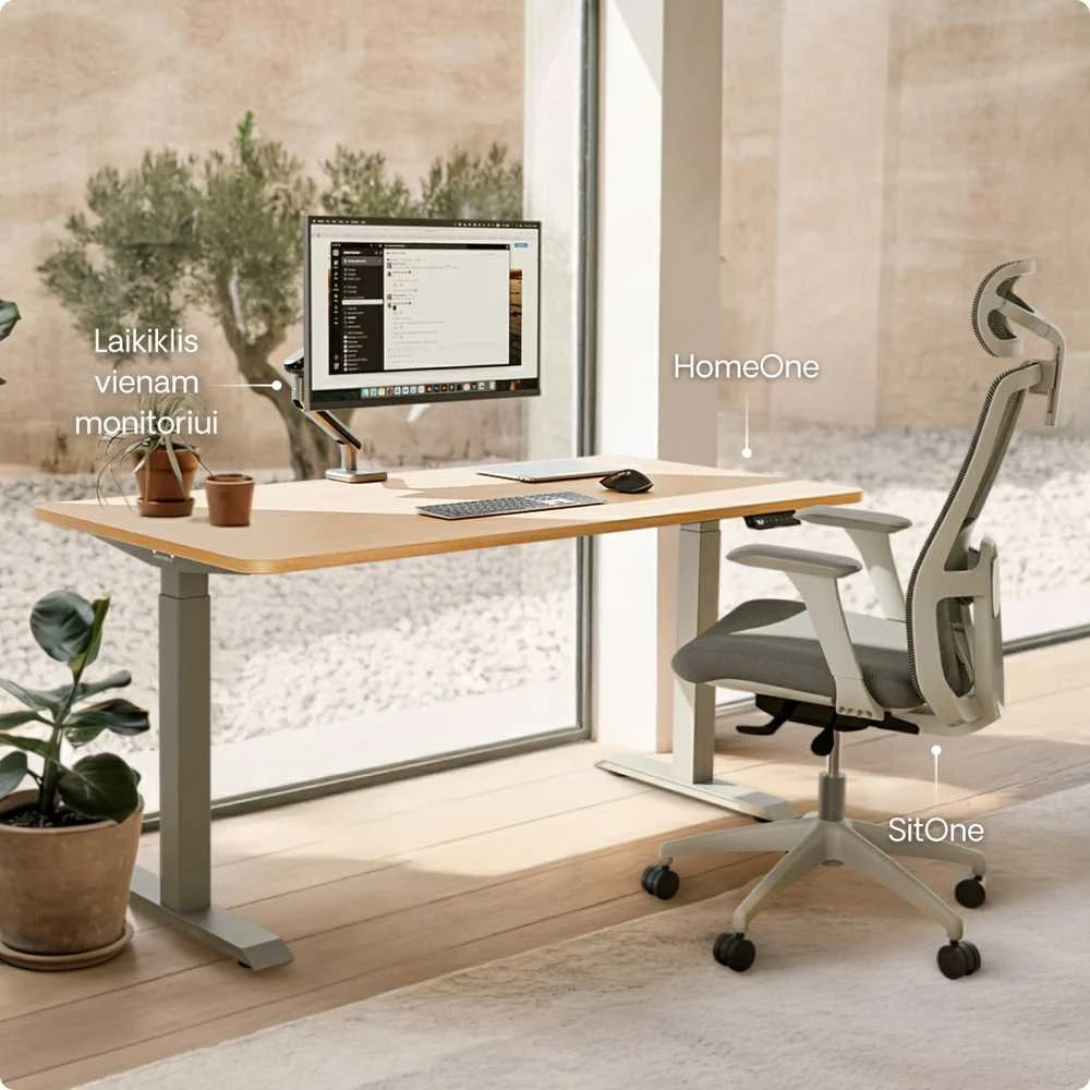 Elektrinis reguliuojamo aukščio stalas Desktronic HomeOne Pilkas/Ąžuolas, 120x60cm, Dvigubas motoras, USB ir USB-C įkrovimo lizdai