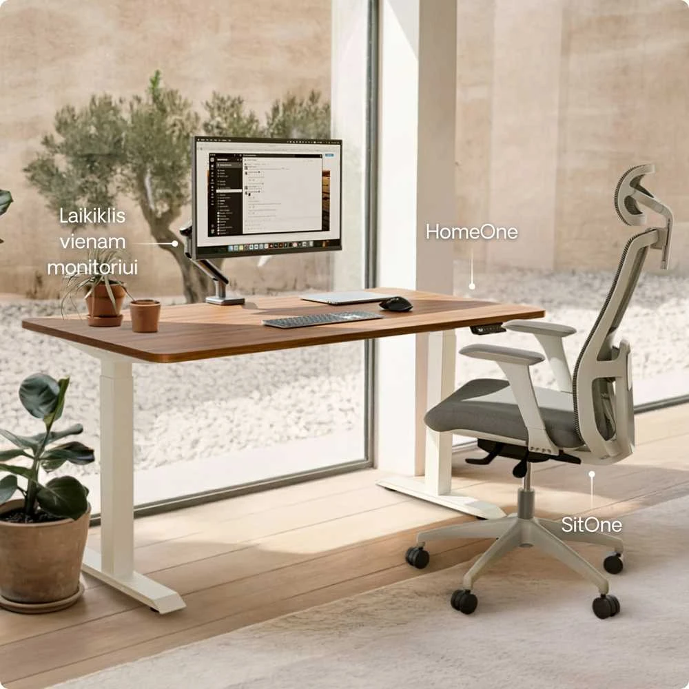 Elektrinis reguliuojamo aukščio stalas Desktronic HomeOne Baltas/Riešutmedis, 120x60cm, Dvigubas motoras, USB ir USB-C įkrovimo lizdai
