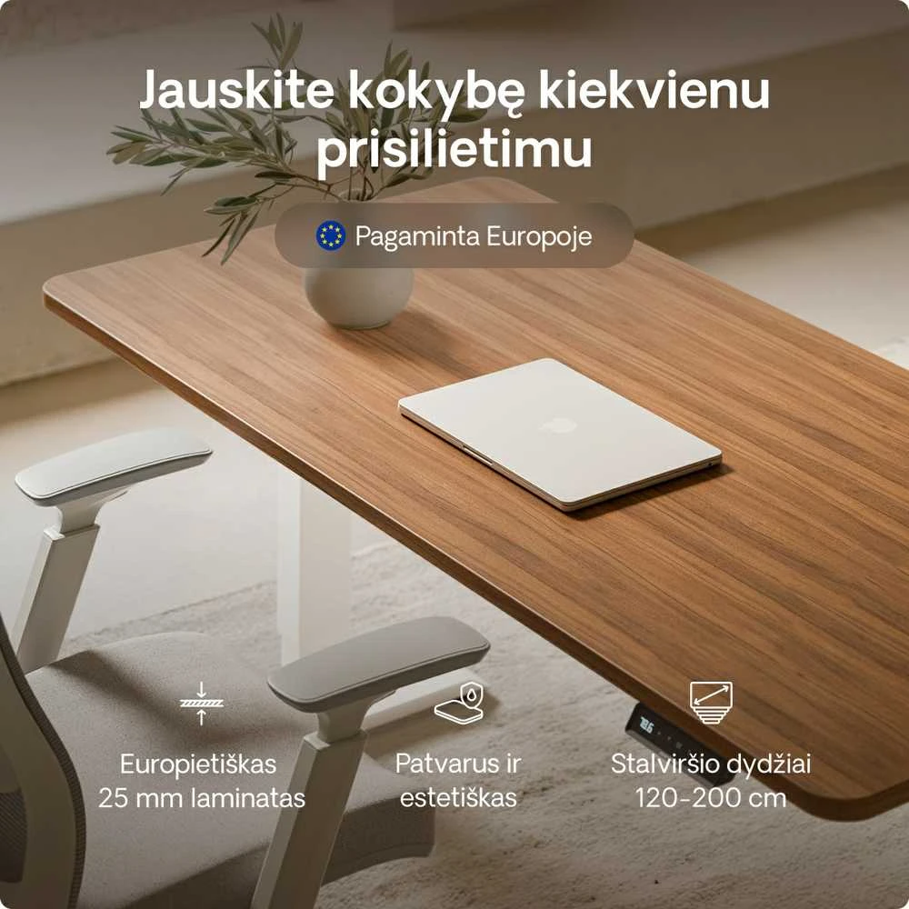 Elektrinis reguliuojamo aukščio stalas Desktronic HomePro Baltas/Riešutmedis, 120x60cm, Dvigubas motoras, USB ir USB-C įkrovimo lizdai