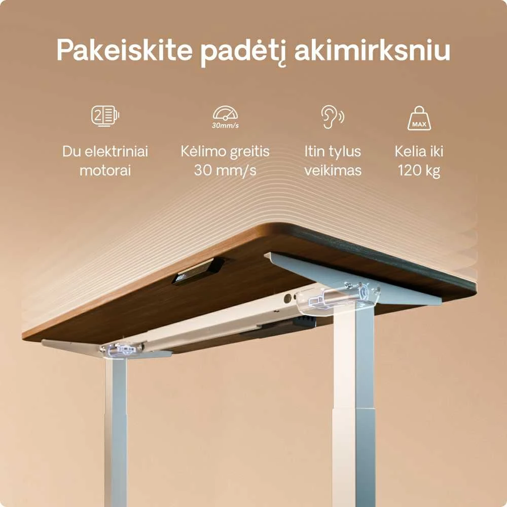 Elektrinis reguliuojamo aukščio stalas Desktronic HomeOne Baltas/Riešutmedis, 120x60cm, Dvigubas motoras, USB ir USB-C įkrovimo lizdai