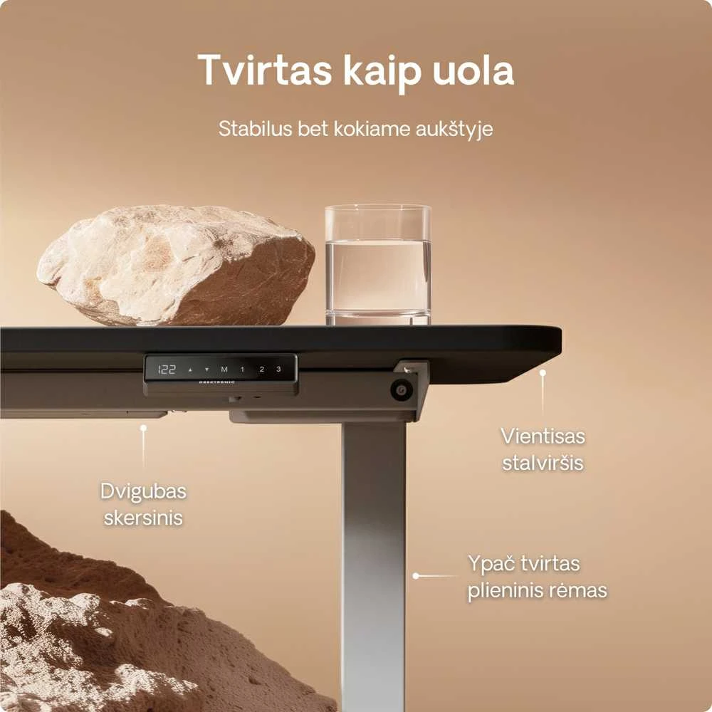Elektrinis reguliuojamo aukščio stalas Desktronic HomeOne Pilkas/Juodas, 160x80cm, Dvigubas motoras, USB ir USB-C įkrovimo lizdai