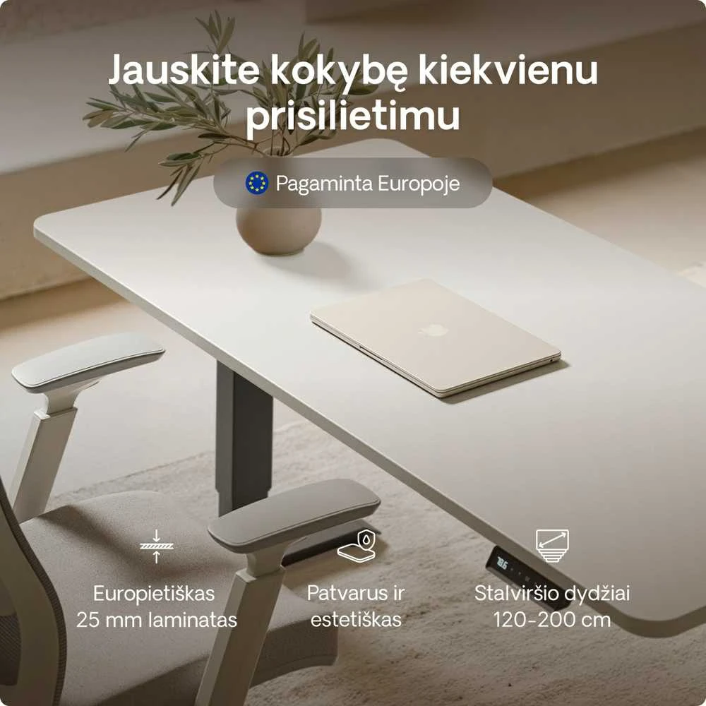 Elektrinis reguliuojamo aukščio stalas Desktronic HomePro Juodas/Baltas, 200x80cm, Dvigubas motoras, USB ir USB-C įkrovimo lizdai