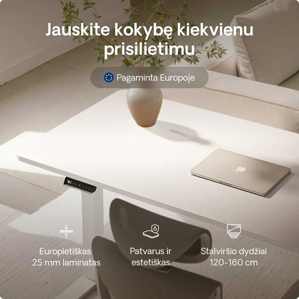 Elektrinis reguliuojamo aukščio stalas Desktronic HomeOne Baltas/Baltas, 140x70cm, Dvigubas motoras, USB ir USB-C įkrovimo lizdai
