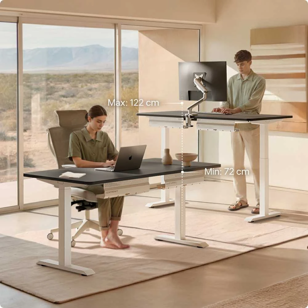 Elektrinis reguliuojamo aukščio stalas Desktronic HomeOne Baltas/Juodas, 140x70cm, Dvigubas motoras, USB ir USB-C įkrovimo lizdai