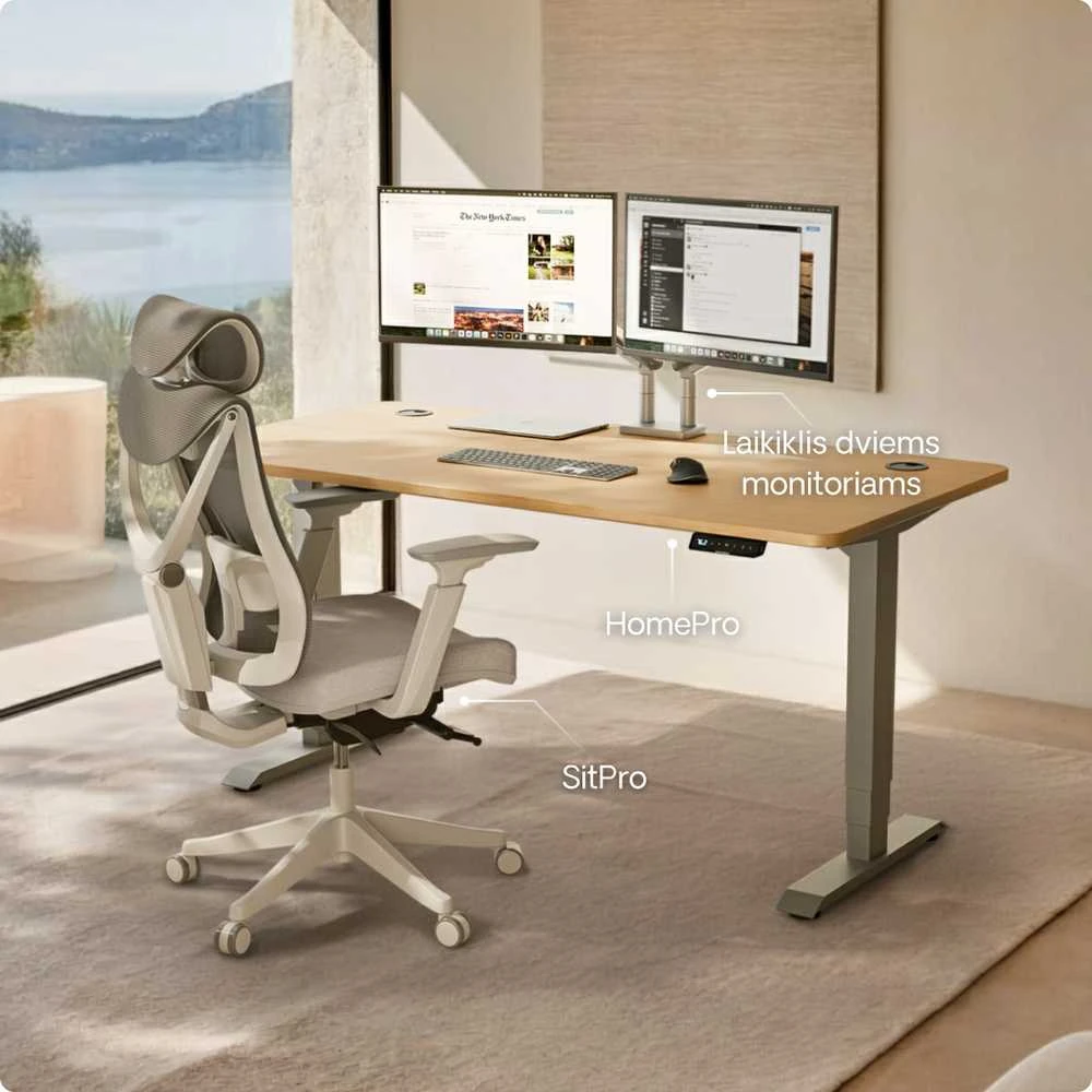 Elektrinis reguliuojamo aukščio stalas Desktronic HomePro Pilkas/Ąžuolas, 140x70cm, Dvigubas motoras, USB ir USB-C įkrovimo lizdai