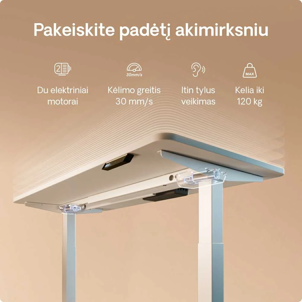 Elektrinis reguliuojamo aukščio stalas Desktronic HomeOne Baltas/Baltas, 140x70cm, Dvigubas motoras, USB ir USB-C įkrovimo lizdai