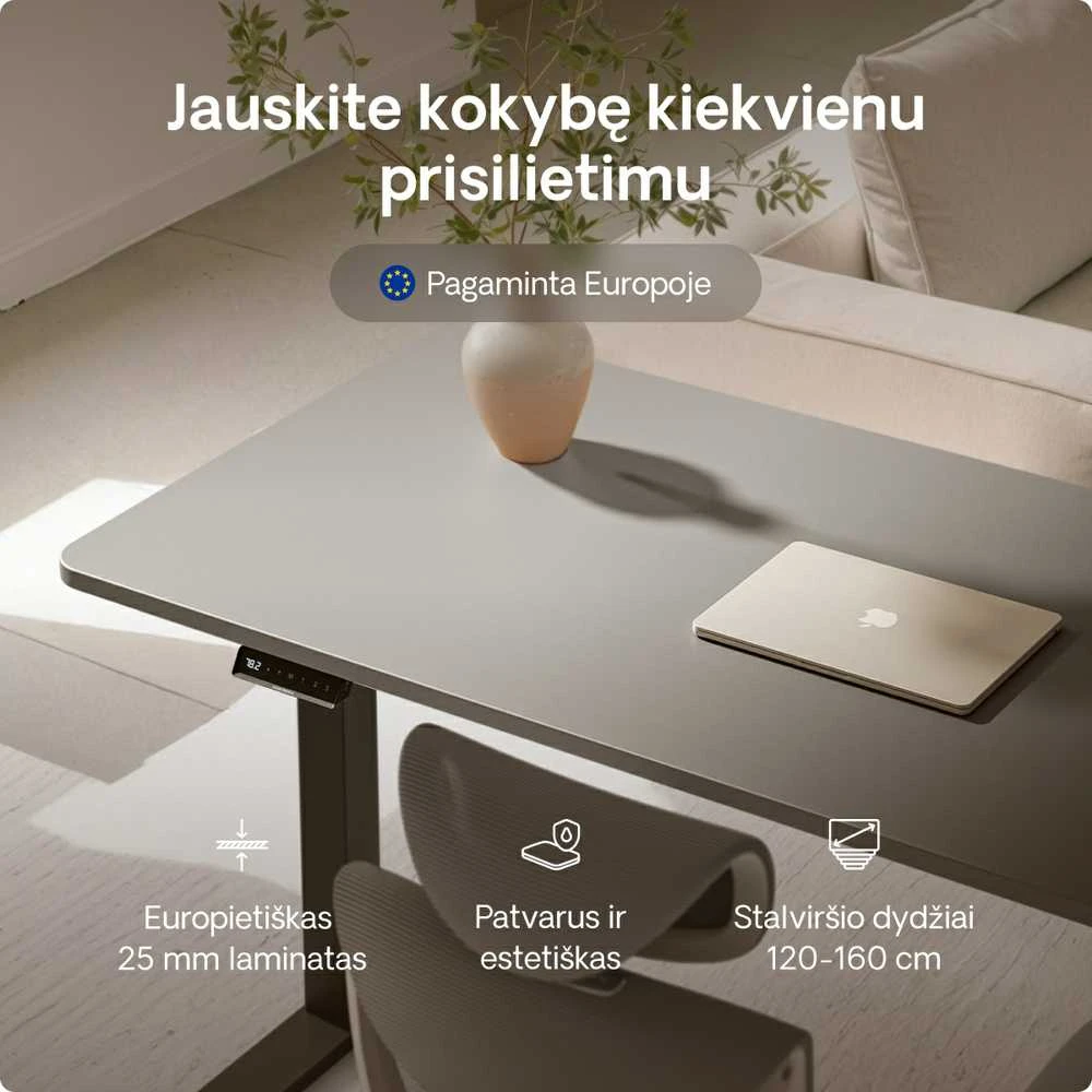 Elektrinis reguliuojamo aukščio stalas Desktronic HomeOne Juodas/Pilkas, 120x60cm, Dvigubas motoras, USB ir USB-C įkrovimo lizdai