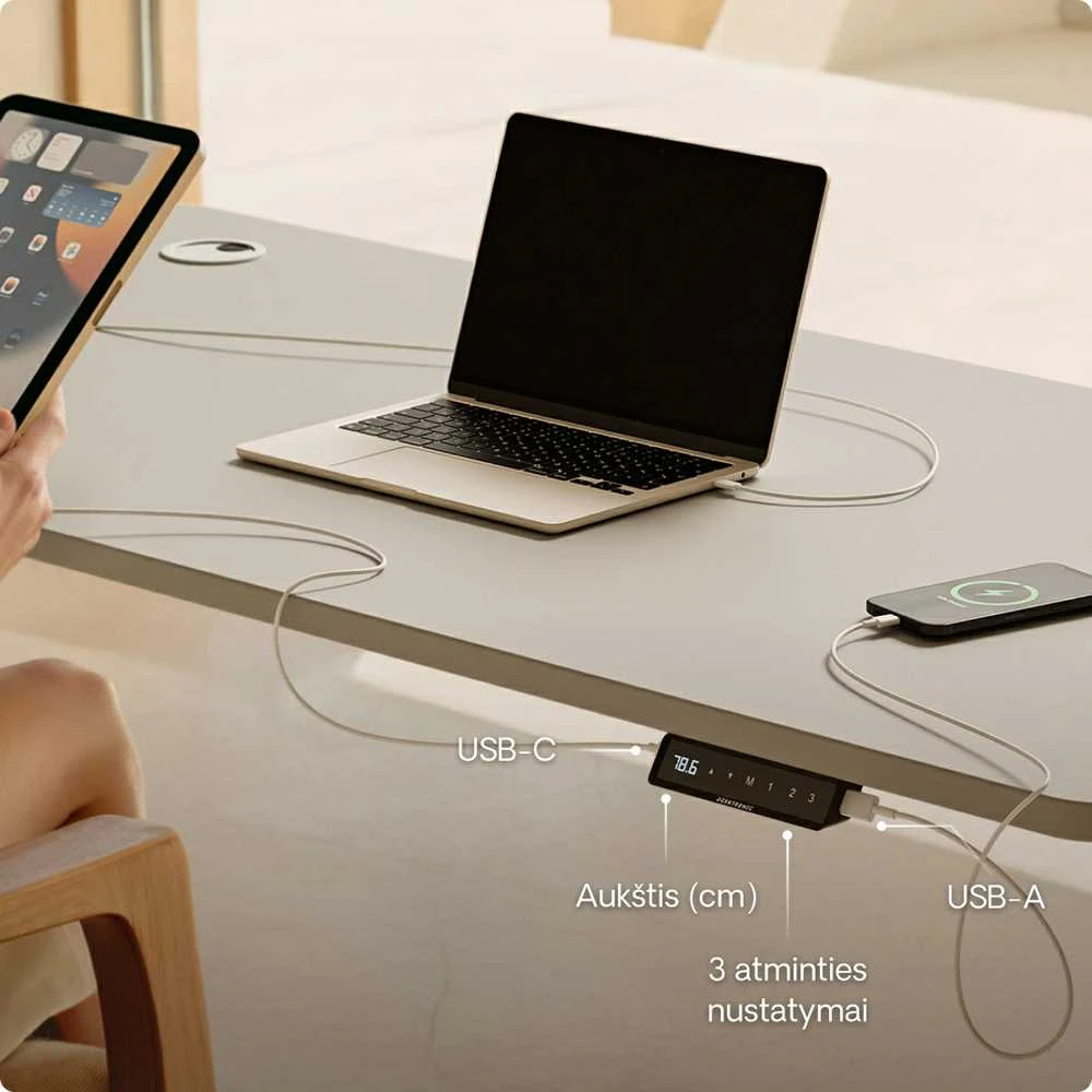 Elektrinis reguliuojamo aukščio stalas Desktronic HomePro Baltas/Pilkas, 200x80cm, Dvigubas motoras, USB ir USB-C įkrovimo lizdai