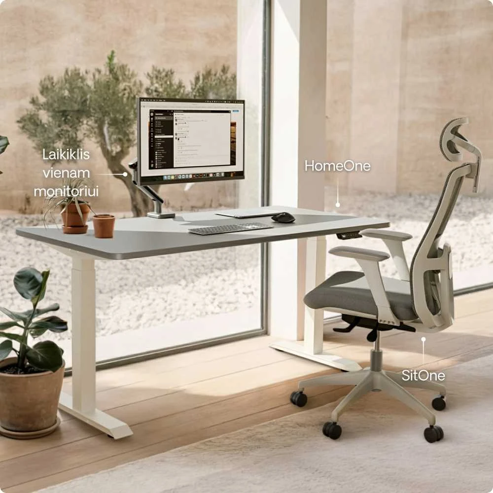 Elektrinis reguliuojamo aukščio stalas Desktronic HomeOne Baltas/Pilkas, 140x70cm, Dvigubas motoras, USB ir USB-C įkrovimo lizdai
