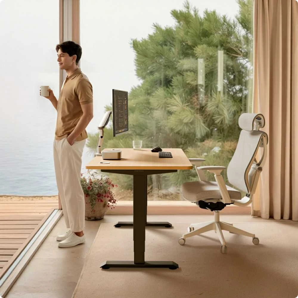 Elektrinis reguliuojamo aukščio stalas Desktronic HomePro Juodas/Ąžuolas, 200x80cm, Dvigubas motoras, USB ir USB-C įkrovimo lizdai