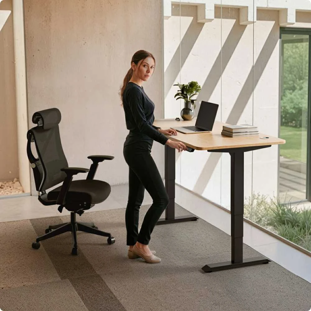 Elektrinis reguliuojamo aukščio stalas Desktronic HomePro Bambukas/Juodas, 120x60cm, Dvigubas motoras, USB ir USB-C įkrovimo lizdai