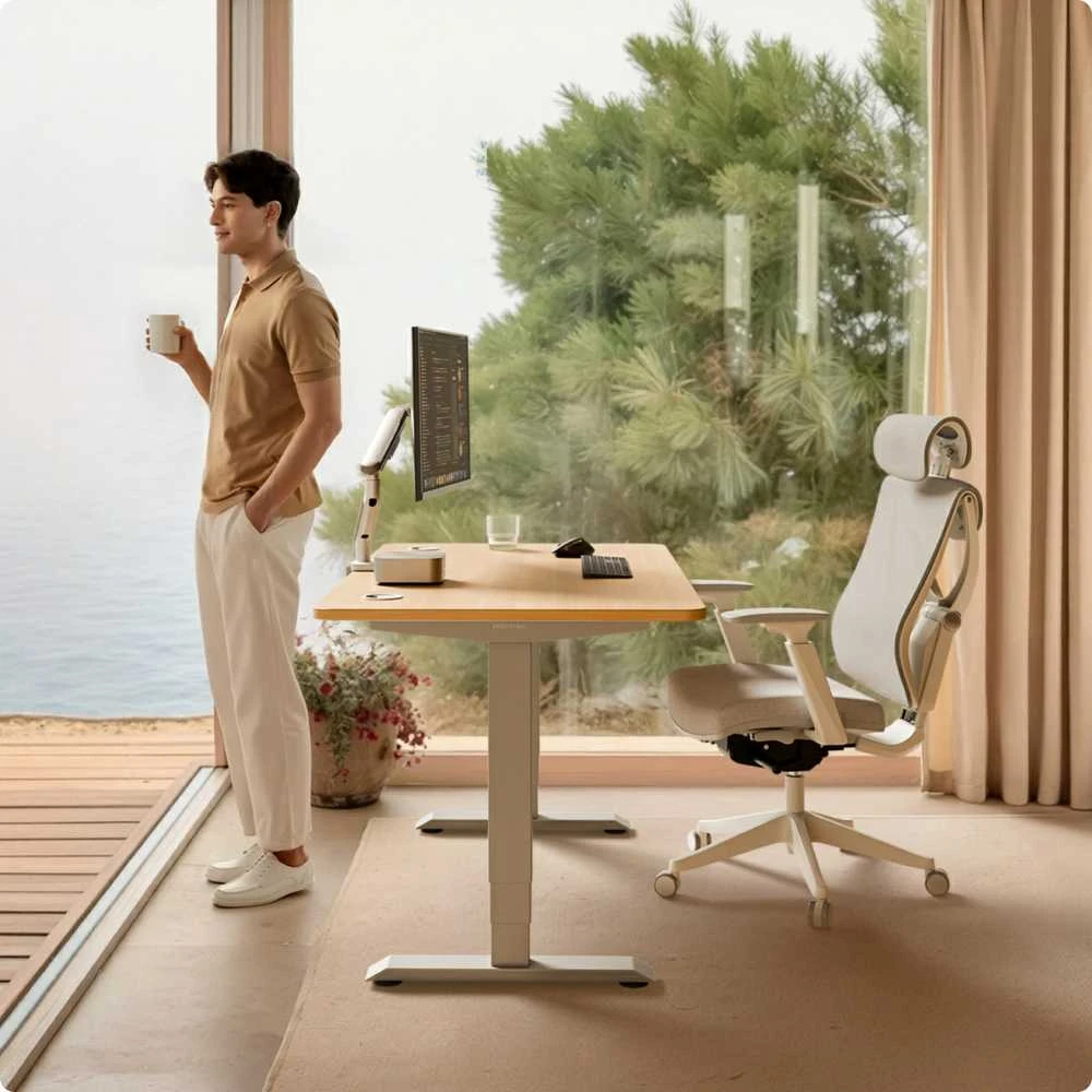 Elektrinis reguliuojamo aukščio stalas Desktronic HomePro Pilkas/Ąžuolas, 140x70cm, Dvigubas motoras, USB ir USB-C įkrovimo lizdai