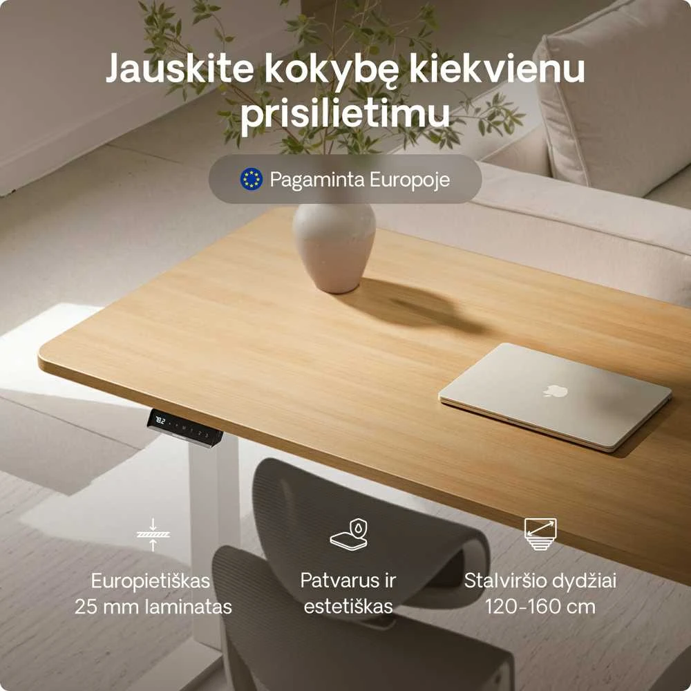 Elektrinis reguliuojamo aukščio stalas Desktronic HomeOne Baltas/Ąžuolas, 160x80cm, Dvigubas motoras, USB ir USB-C įkrovimo lizdai