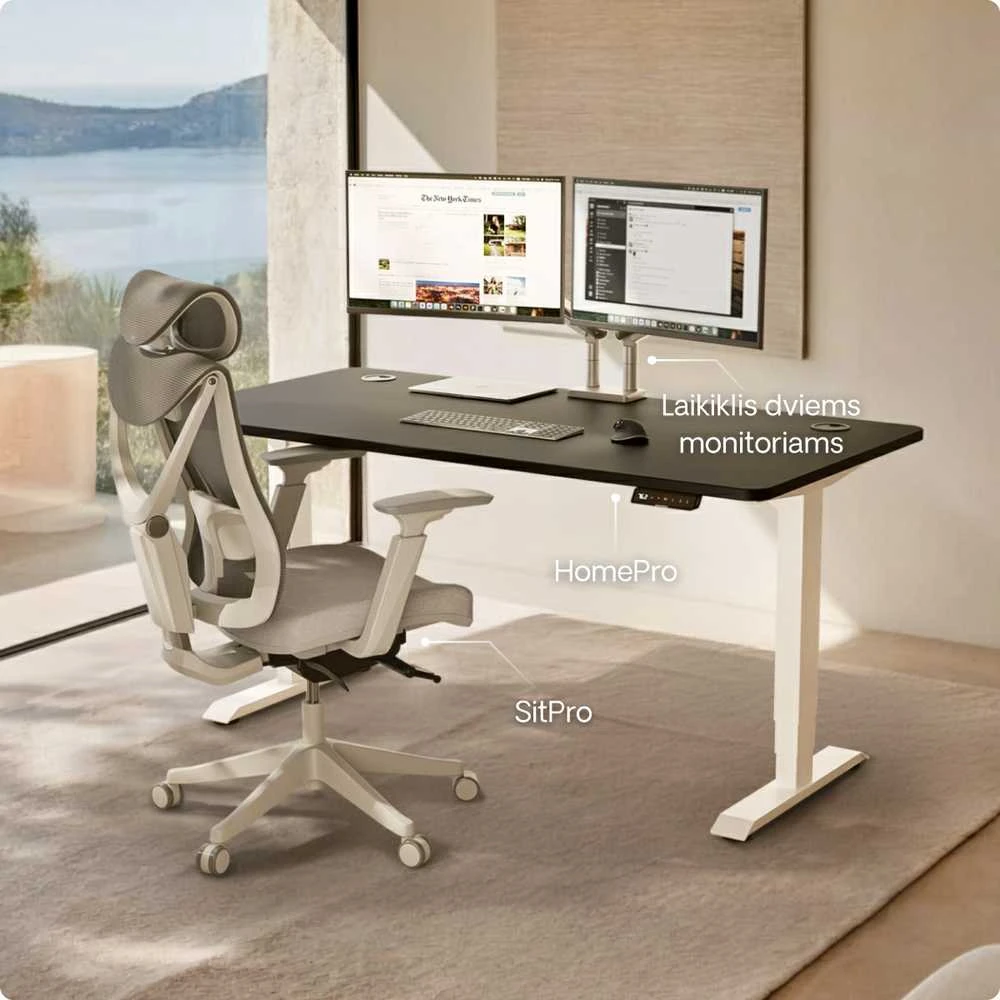 Elektrinis reguliuojamo aukščio stalas Desktronic HomePro Baltas/Juodas, 160x80cm, Dvigubas motoras, USB ir USB-C įkrovimo lizdai