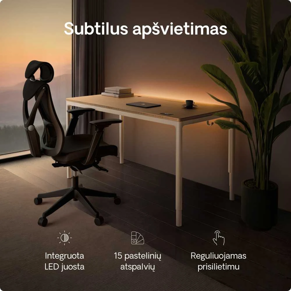 Elektrinis Reguliuojamo Aukščio Stalas Desktronic HomeMax Baltas/Bambukas, 160x80cm, Keturi varikliai, Magnetinis kabelių laikiklis