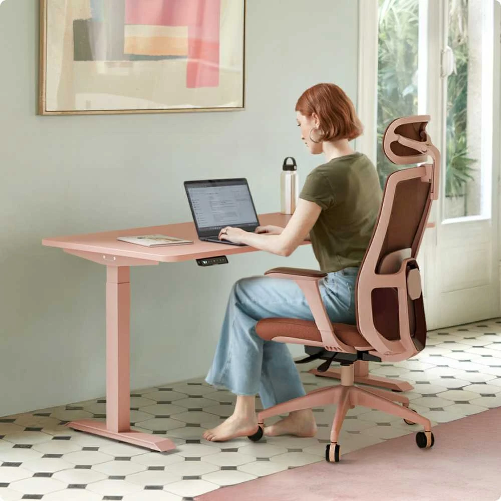 Desktronic HomeOne rožinis stalas su kompiuteriu ir kėde