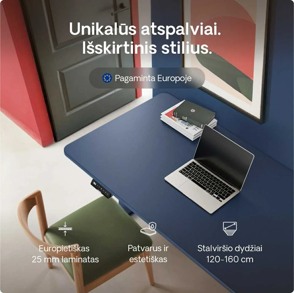 Elektrinis reguliuojamo aukščio stalas Desktronic HomeOne Mėlynas/Baltas, 120x60cm, Dvigubas motoras, USB ir USB-C įkrovimo lizdai