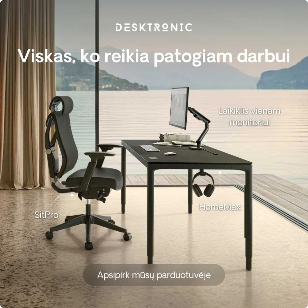 Elektrinis Reguliuojamo Aukščio Stalas Desktronic HomeMax Juodas/Juodas, 160x80cm, Keturi varikliai, Magnetinis kabelių laikiklis