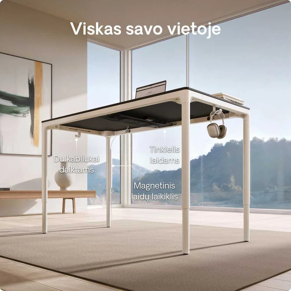 Elektrinis Reguliuojamo Aukščio Stalas Desktronic HomeMax Baltas/Juodas, 160x80cm, Keturi varikliai, Magnetinis kabelių laikiklis