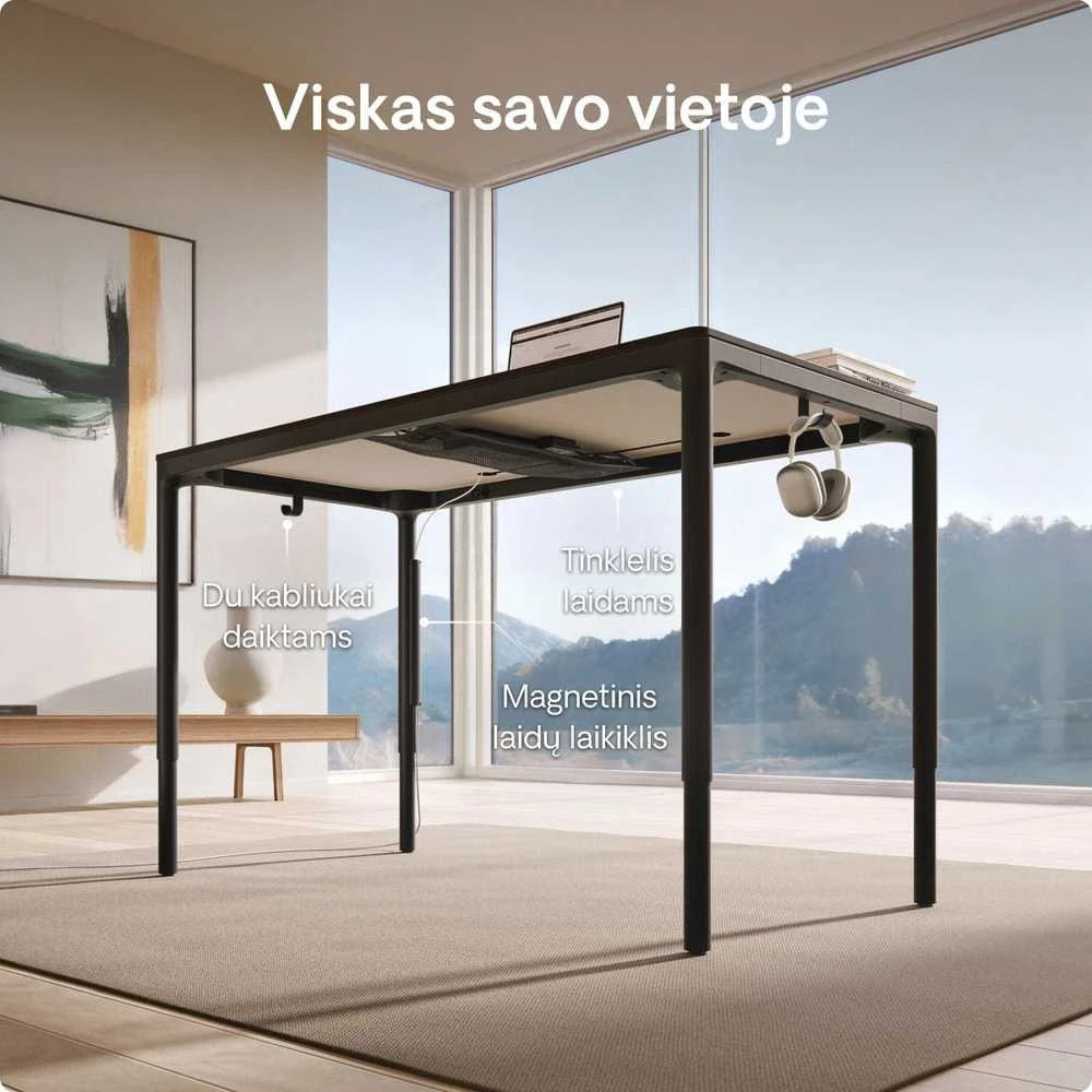 Elektrinis Reguliuojamo Aukščio Stalas Desktronic HomeMax Juodas/Baltas, 160x80cm, Keturi varikliai, Magnetinis kabelių laikiklis