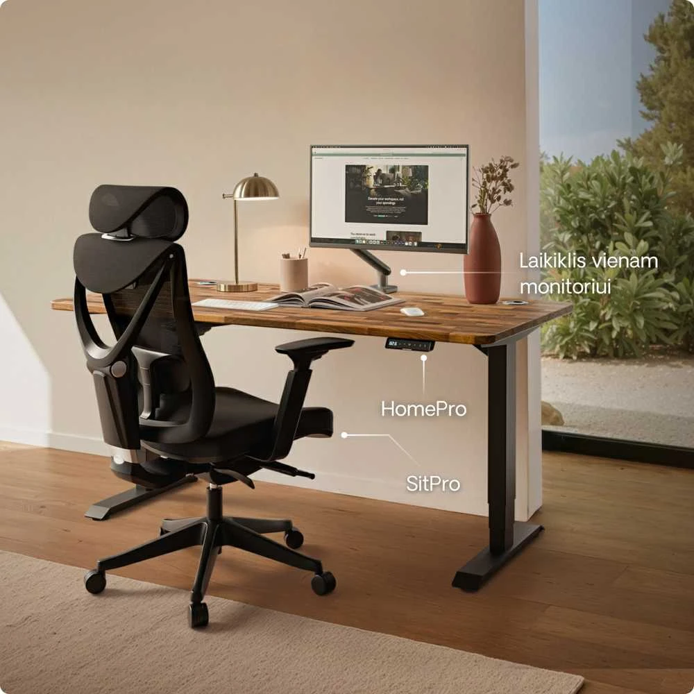 Elektrinis reguliuojamo aukščio stalas Desktronic HomePro Riešutmedžio masyvas/Juodas, 180x80cm, Dvigubas motoras, USB ir USB-C įkrovimo lizdai