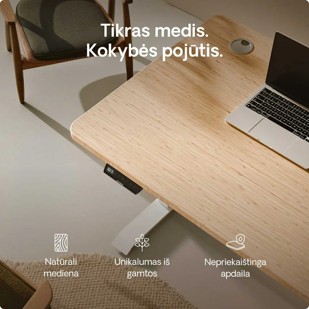 Elektrinis reguliuojamo aukščio stalas Desktronic HomePro Bambukas/Baltas, 200x80cm, Dvigubas motoras, USB ir USB-C įkrovimo lizdai