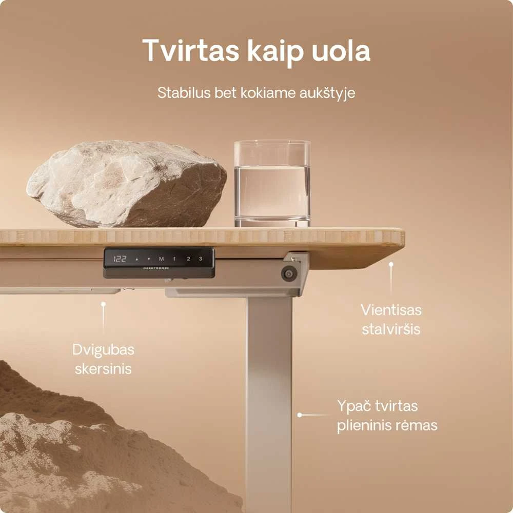 Elektrinis reguliuojamo aukščio stalas Desktronic HomeOne Bambukas/Baltas, 120x60cm, Dvigubas motoras, USB ir USB-C įkrovimo lizdai