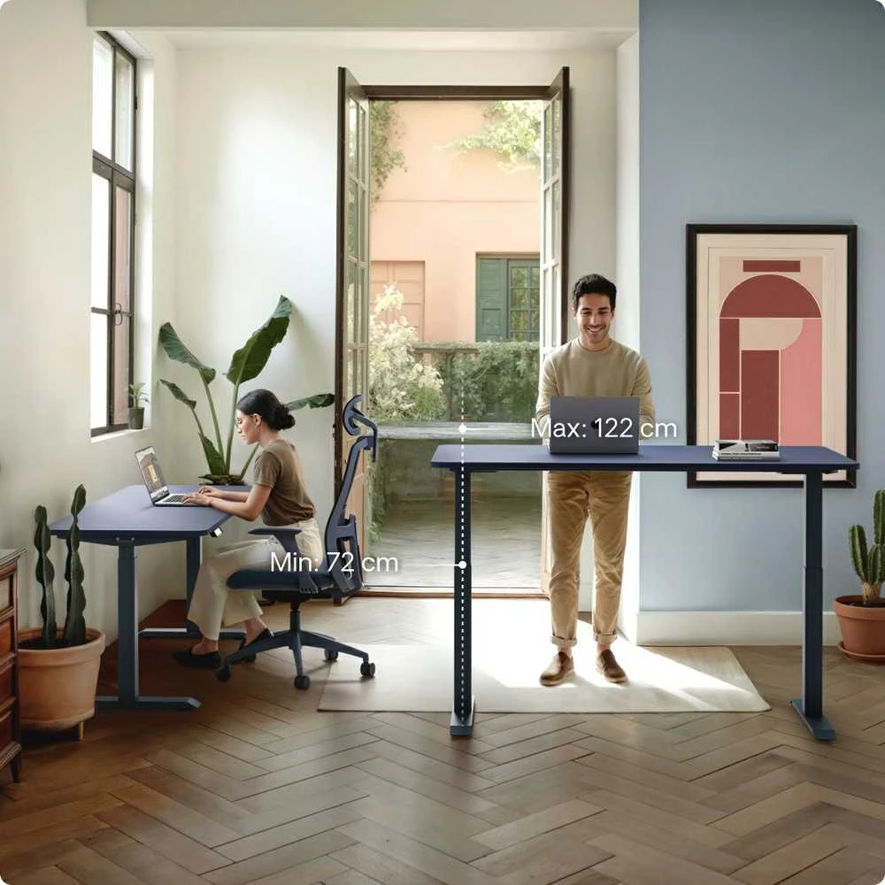 Elektrinis reguliuojamo aukščio stalas Desktronic HomeOne Mėlynas/Baltas, 120x60cm, Dvigubas motoras, USB ir USB-C įkrovimo lizdai