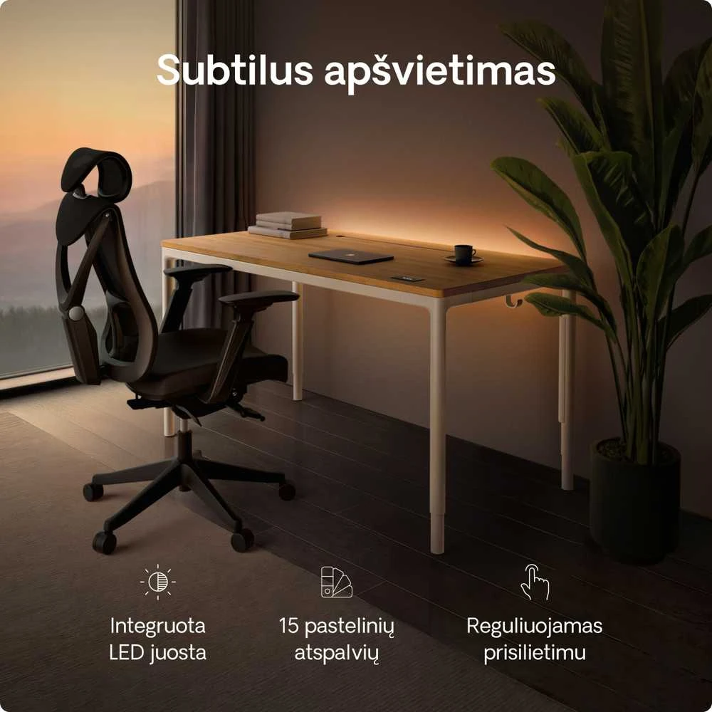 Elektrinis Reguliuojamo Aukščio Stalas Desktronic HomeMax Baltas/Ąžuolas, 160x80cm, Keturi varikliai, Magnetinis kabelių laikiklis