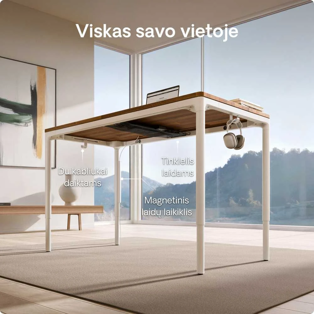 Elektrinis Reguliuojamo Aukščio Stalas Desktronic HomeMax Baltas/Riešutmedis, 160x80cm, Keturi varikliai, Magnetinis kabelių laikiklis