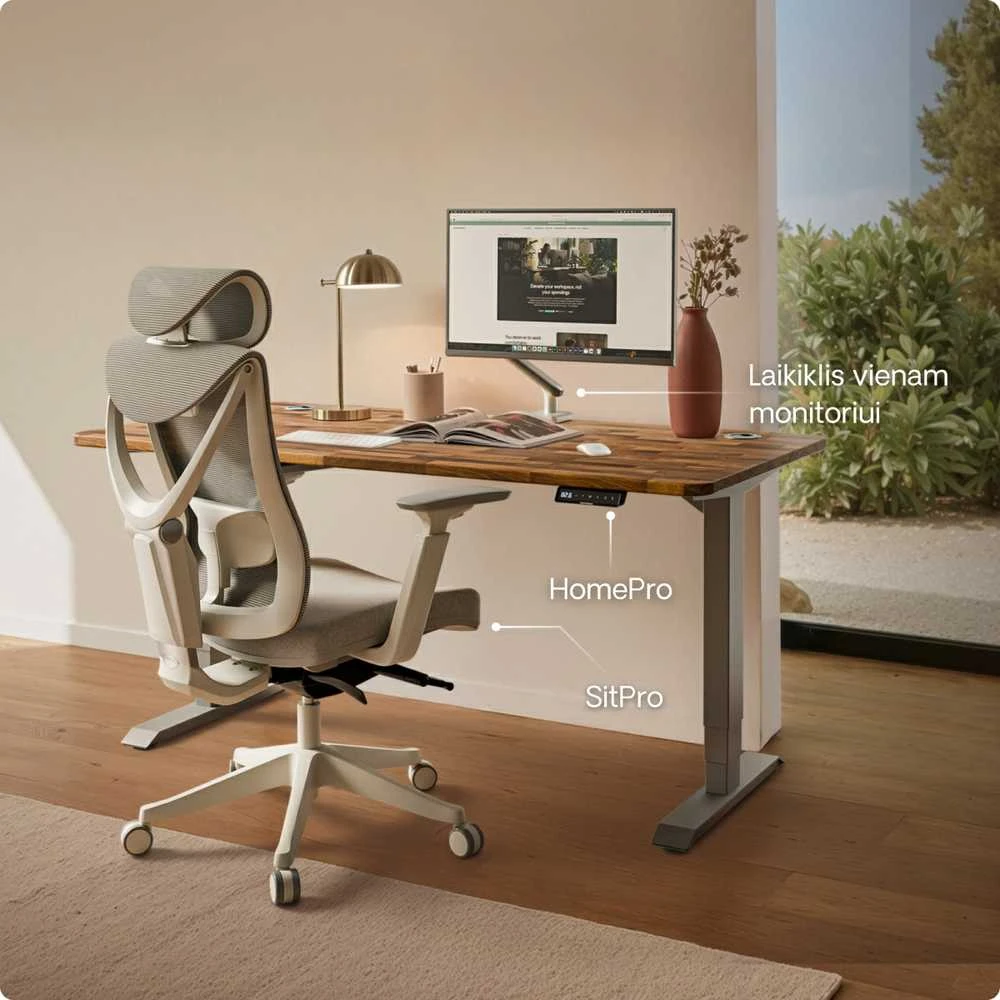 Elektrinis reguliuojamo aukščio stalas Desktronic HomePro Riešutmedžio masyvas/Pilkas, 200x80cm, Dvigubas motoras, USB ir USB-C įkrovimo lizdai