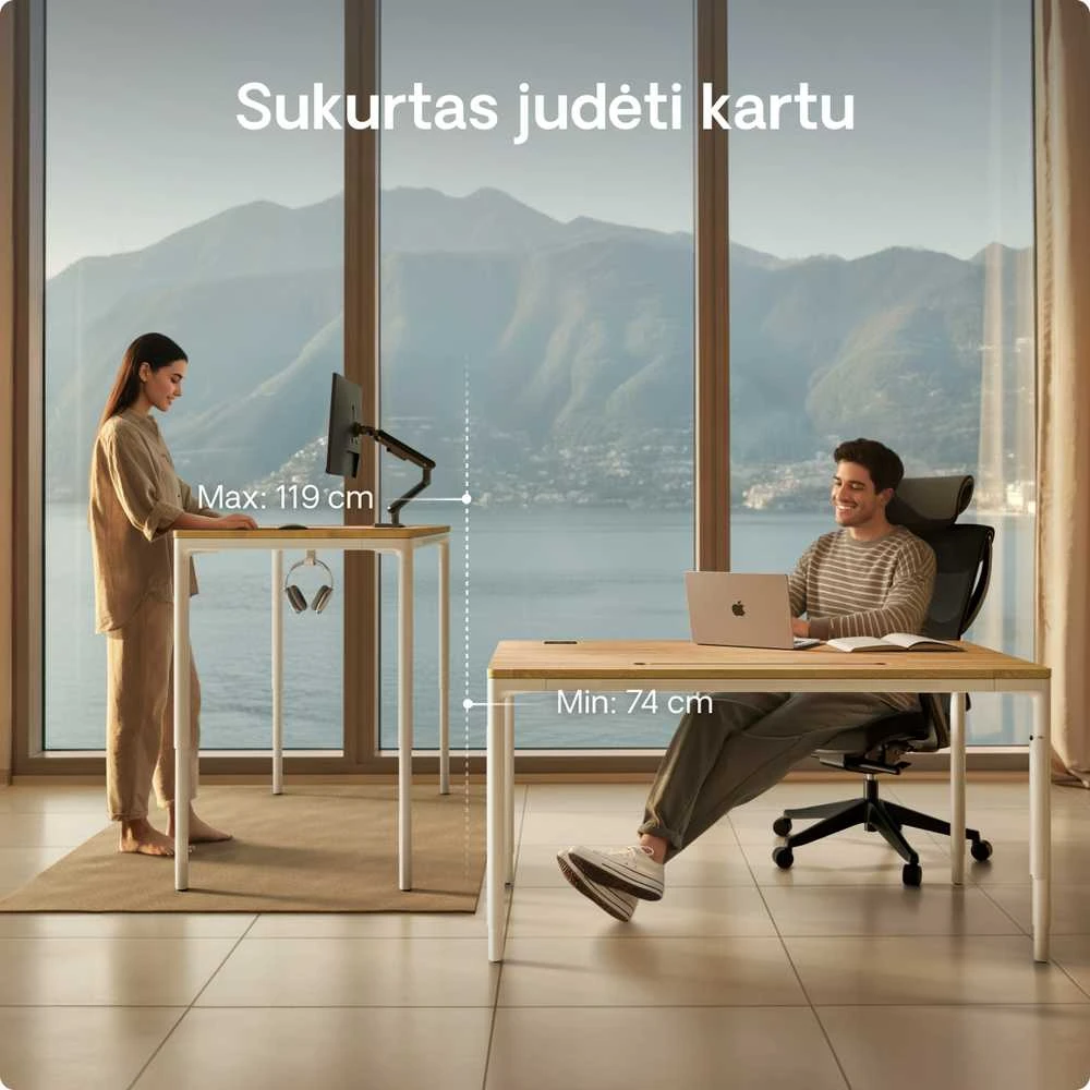 Elektrinis Reguliuojamo Aukščio Stalas Desktronic HomeMax Baltas/Ąžuolas, 160x80cm, Keturi varikliai, Magnetinis kabelių laikiklis