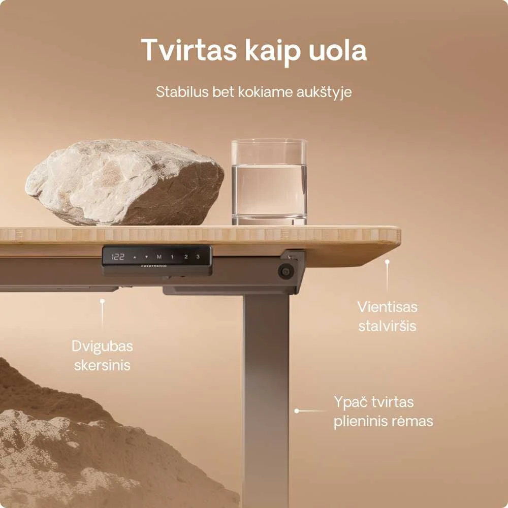 Elektrinis reguliuojamo aukščio stalas Desktronic HomeOne Bambukas/Pilkas, 140x70cm, Dvigubas motoras, USB ir USB-C įkrovimo lizdai
