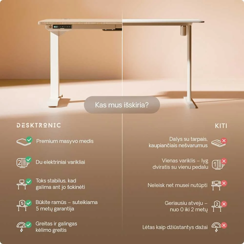 Elektrinis reguliuojamo aukščio stalas Desktronic HomePro Bambukas/Baltas, 200x80cm, Dvigubas motoras, USB ir USB-C įkrovimo lizdai