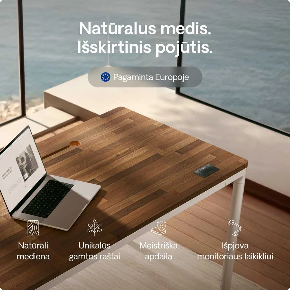 Elektrinis Reguliuojamo Aukščio Stalas Desktronic HomeMax Baltas/Riešutmedis, 160x80cm, Keturi varikliai, Magnetinis kabelių laikiklis