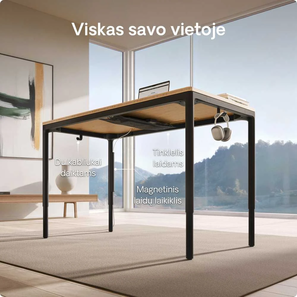 Elektrinis Reguliuojamo Aukščio Stalas Desktronic HomeMax Juodas/Bambukas, 160x80cm, Keturi varikliai, Magnetinis kabelių laikiklis