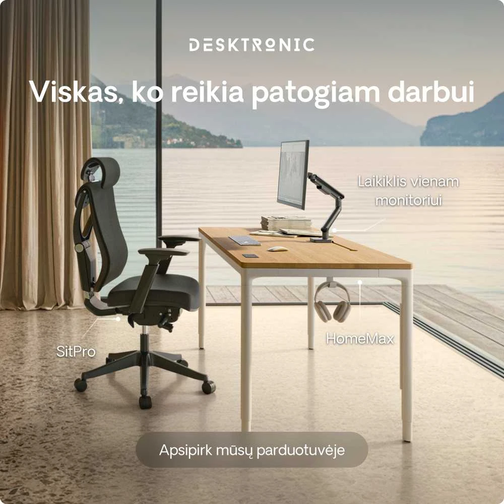 Elektrinis Reguliuojamo Aukščio Stalas Desktronic HomeMax Baltas/Ąžuolas, 160x80cm, Keturi varikliai, Magnetinis kabelių laikiklis