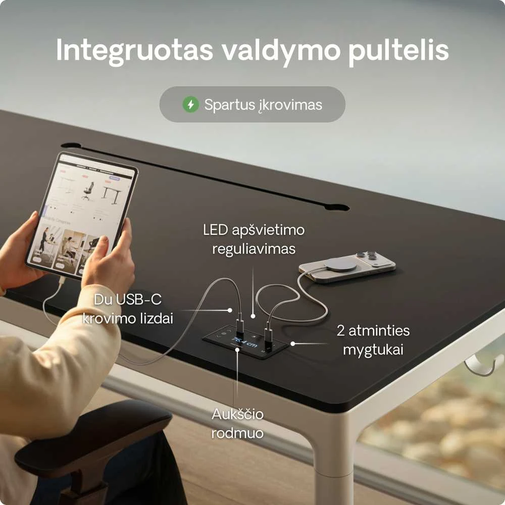 Elektrinis Reguliuojamo Aukščio Stalas Desktronic HomeMax Baltas/Juodas, 160x80cm, Keturi varikliai, Magnetinis kabelių laikiklis