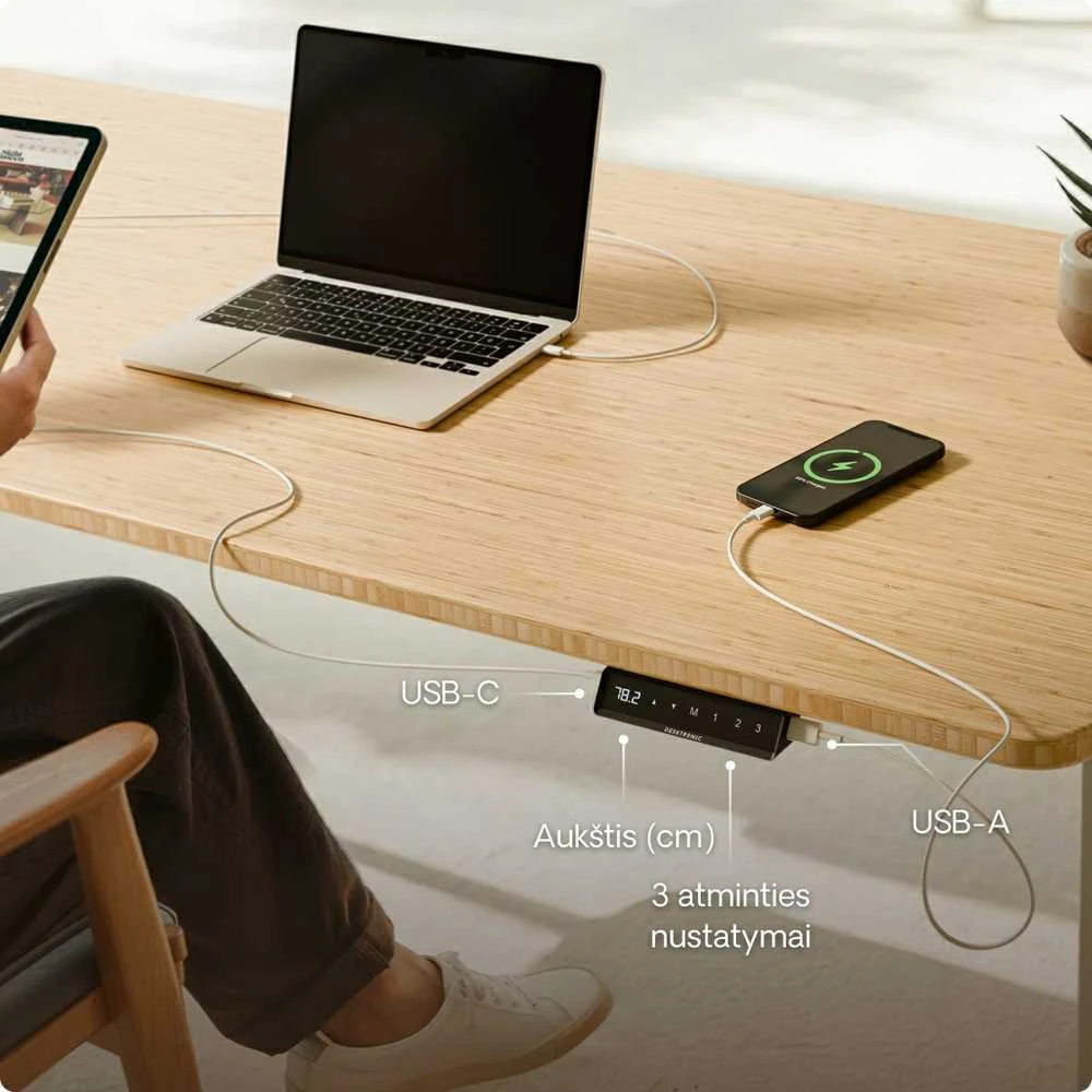 Elektrinis reguliuojamo aukščio stalas Desktronic HomeOne Bambukas/Pilkas, 140x70cm, Dvigubas motoras, USB ir USB-C įkrovimo lizdai